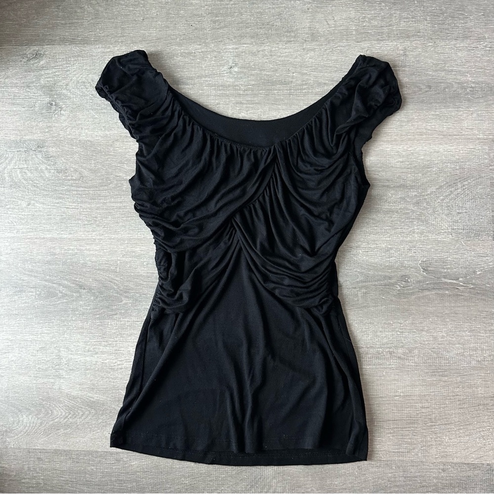 Vintage USA Black Ruched Cap-Sleeve Women’s Top
